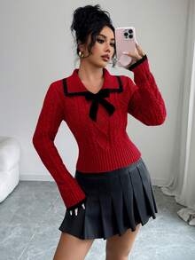 SHEIN Elenzya 女士复古扭结麻花水手领蝴蝶结短款毛衣，秋冬款 - 紅色 - 查看 1