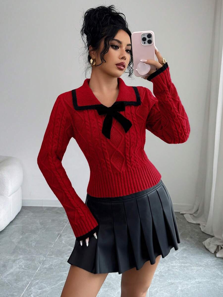 SHEIN Elenzya 女士复古扭结麻花水手领蝴蝶结短款毛衣，秋冬款 - 紅色 - 查看 1