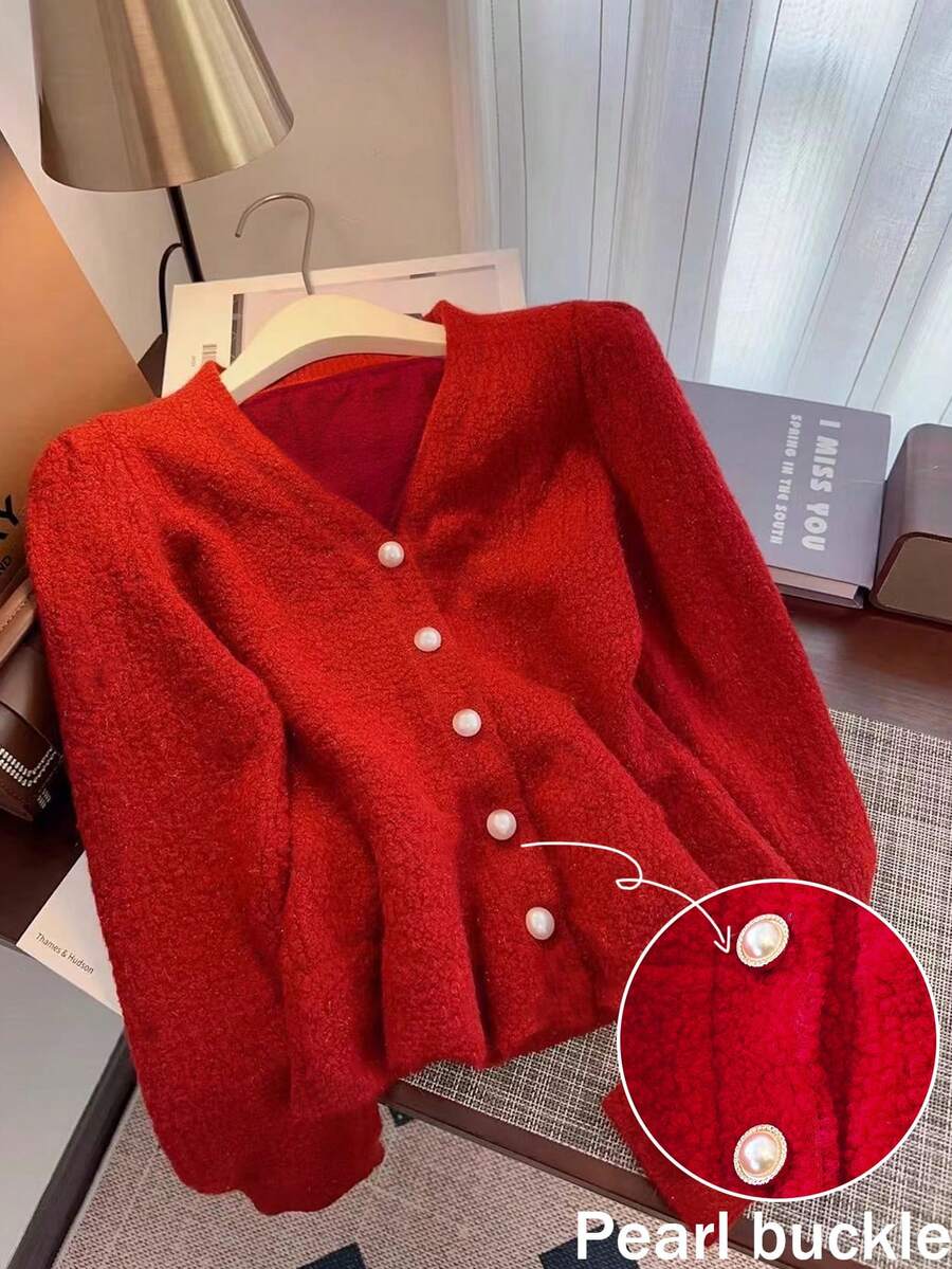 INAWLY Women's Casual Elegant Knowledgeable New Year Christmas Red Pearl Button Faux Fur Jacket - Red - View 1