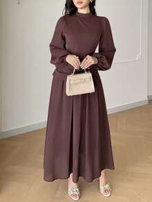 Feyla Women's Elegant Solid Color Long Sleeve Dress - Rust Brown - View 4