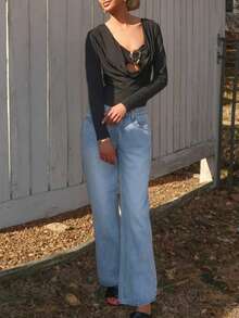 Sydney Algeri 女式优雅黑色保暖内衬深 V 领二合一金属扣装饰长袖紧身衣，秋冬