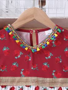 Girls' V-Neck Patchwork Floral Print Long Dress With Colorful Tassel Belt And 3/4 Sleeves, Middle Eastern Style - Multicolor - View 4