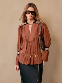 Florisole 女士波西米亚风休闲雪纺宽松拼接蕾丝边棕色衬衫，春秋季 - 棕色 - 查看 4