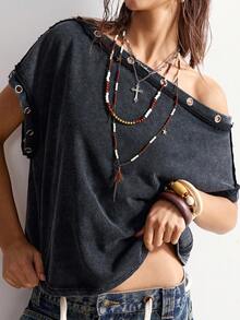 Bohemela Áo thun nữ Bohemia màu trơn, chất liệu dệt kim, cổ tròn, tay ngắn, đính khoen kim loại, dáng rộng, vai trễ, thích hợp cho các buổi đi chơi thường ngày, lễ hội âm nhạc, tiệc tùng, mặc nhiều lớp và thư giãn ở nhà. Áo đen, áo thun in hình, mặc hàng ngày, mùa hè, phong cách đi xem hòa nhạc. - màu đen - Xem 1