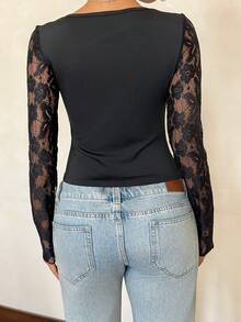 Siren Gaze 优雅纯色蕾丝拼接不对称长袖T恤 - 黑色 - 查看 2