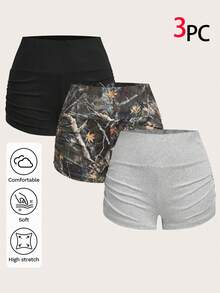 SHEIN EZwear 春夏新款休闲短裤套装，适合外出、日常穿着、派对、音乐节、返校、毕业典礼、度假、街头风、休闲、购物、城市漫步、运动、瑜伽、健身、网球等多种场合穿着，可外穿或内搭，高弹针织面料，褶皱设计，黑色、灰色迷彩印花，三件套，大码尺码 - 彩色 - 查看 1