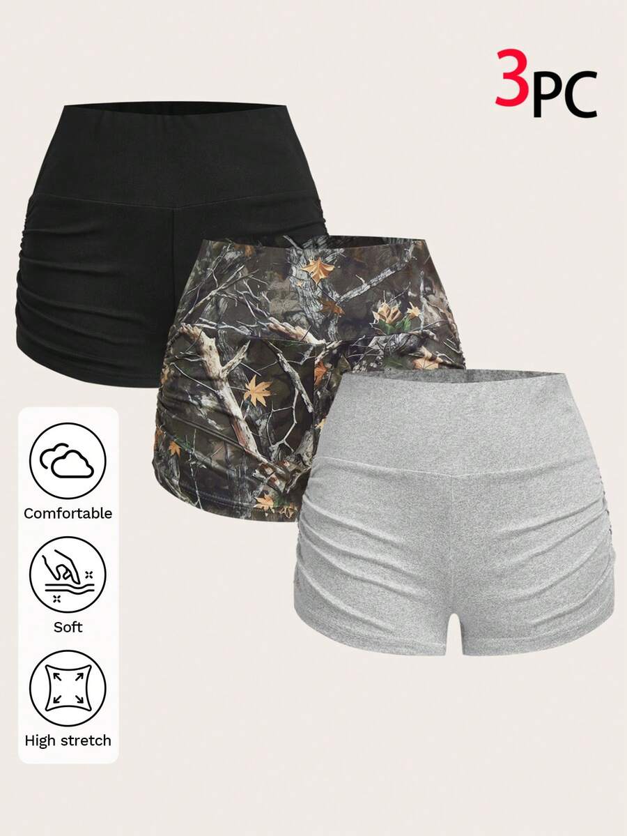 SHEIN EZwear 春夏新款休闲短裤套装，适合外出、日常穿着、派对、音乐节、返校、毕业典礼、度假、街头风、休闲、购物、城市漫步、运动、瑜伽、健身、网球等多种场合穿着，可外穿或内搭，高弹针织面料，褶皱设计，黑色、灰色迷彩印花，三件套，大码尺码 - 彩色 - 查看 1