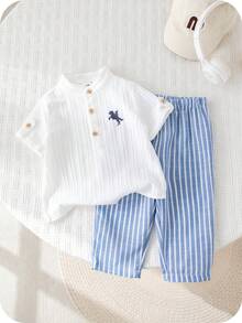 SHEIN 2pcs Baby Boy/Girl Blue White Stripe Summer Cute Family Matching Mandarin Collar White Shirt And Pants Set,Christening Outfit For Birthday Party - Multicolor - View 8