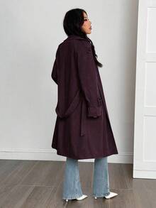 SHEIN PETITE 女款純色腰帶長袖風衣，春夏/夏日保暖長外套，適合小碼女性 - 紫色 - 查看 3