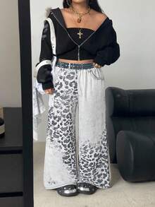 POPSWAY Quần denim họa tiết da báo cỡ lớn cho nữ thường ngày - Nhiều màu - Xem 3