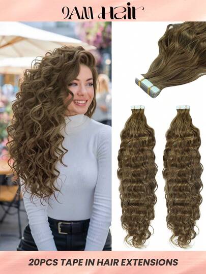 Vattenvågor Tejpförlängningar Remy Äkta Hår #8 Brun 20 st 50G Virgin Hair Extensions Äkta Hårförlängningar