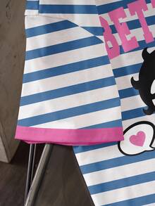 Betty Boop x SHEIN 女士休闲条纹卡通图案撞色滚边短袖T恤，夏季 - 白色 - 查看 3