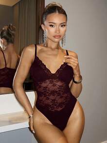 SHEIN BAE Women's Black Low Cut Lace Sexy Suspender Adjustable Bodysuit For Valentine's Day Women's Outfits, Women's Spring Outfits, Valentine's Day Outfits - Maroon - View 3
