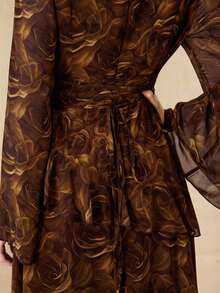 Graceveil 优雅印花雪纺连衣裙，圆领系腰设计，女士款 - 咖啡 - 查看 4