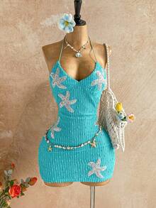 Soleia Đầm ôm sát thời trang hở lưng họa tiết sao biển đính sequin dành cho nữ - Màu xanh ngọc - Xem 5