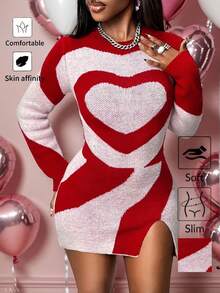 BamGleam 女士毛衣连衣裙，长袖，修身，圆领，侧开衩，红白爱心提花，性感，简约，休闲，时尚，优雅毛衣连衣裙 - 紅白色 - 查看 1