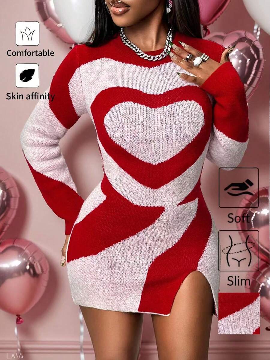 BamGleam 女士毛衣连衣裙，长袖，修身，圆领，侧开衩，红白爱心提花，性感，简约，休闲，时尚，优雅毛衣连衣裙 - 紅白色 - 查看 1