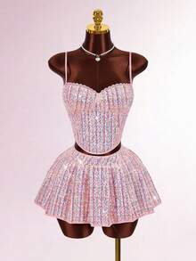Amplova Women's Sequin Plaid Patchwork Camisole And Pleated Mini Skirt Fashion Set Cute Two Piece Set Skirt Two Piece Set - Pink - View 1