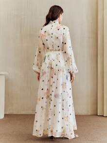 Anewsta Đầm maxi chấm bi hoa văn chấm bi, cổ chữ V, xếp ly, thắt eo, phong cách Pháp lãng mạn, thanh lịch, thích hợp cho kỳ nghỉ lễ, tiệc tùng hoặc các dịp đặc biệt. - Màu be - Xem 3