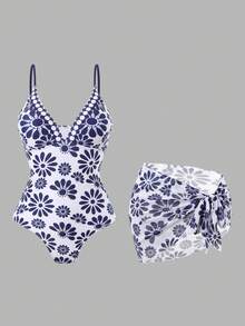 Swim Oasis Bộ đồ bơi một mảnh cổ chữ V dành cho nữ, dây mảnh + chân váy lưới, bộ đồ mặc nhà nghỉ dưỡng thời trang 2 món, xuân/hè/thu/đông - Xanh và trắng - Xem 3