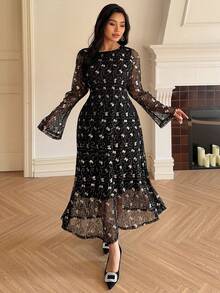 Dazy Plus Đầm Valentine thanh lịch đính sequin tay xòe, eo ôm, co giãn, cỡ lớn. - màu đen - Xem 8