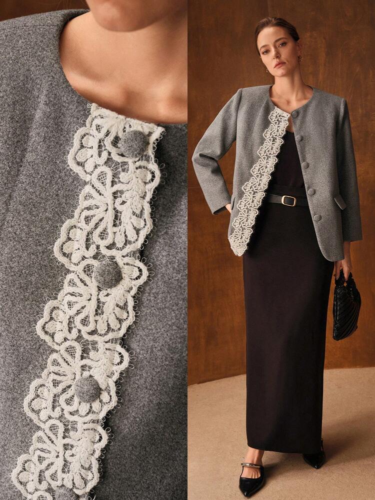 WOMEN'S VINTAGE LOOSE FIT LACE TRIM ROUND NECK BLAZER, AUTUMN/WINTER