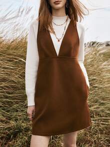 SHEIN Unity Women's Autumn/Winter Outerwear Bohemian Retro Fashion Short Brown Wool Blend Tank Dress - Brown - View 4