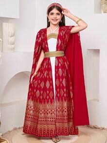 SHEIN Tween Girl Gold Foil Print Round Neck Dress - White - View 3