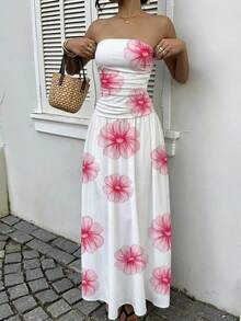 MainGRL 女士碎花荷叶边无肩带连衣裙，适合度假、休闲、婚礼宾客、生日派对、户外活动等场合。 - 彩色 - 查看 4