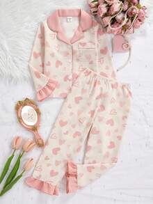少女粉色甜心皺褶布料居家服套裝，秋季仙女假期睡衣套裝，2件組長袖睡衣居家服套裝 - 彩色 - 查看 9