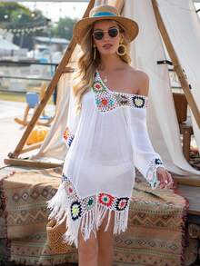 Swim Vcay 女式寬鬆V領流蘇邊海灘休閒遮陽衣 - 彩色 - 查看 5