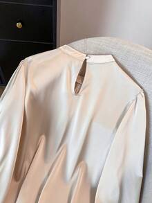 GlowEve CURVE Plus Size Satin High Collar Faux Bow Pleated Long Sleeve Shirt, Elegant For Outings, Commute, Dates, And Gatherings - Apricot - View 7