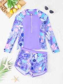 SHEIN Tween Girls Tankini Swimsuit, Girls' 2-Piece Swimwear, Long Sleeve, Zipper Design, Digital Floral Print, Suitable For Beach, Party, Vacation Swimming Summer Vacation Thermal Christmas Holiday Festival New Years Valentines Swim Modest Girl Swim Suit Teen Girl Rash Guard Set Swimsuit Long Sleeve And Shorts With Zipper Set Long Sleeve Rash Guard Shorts Set Youth 2 Piece Swimming Suits For Teens Teen Girl Swimsuit Full Cover Bottom 2 Peice Swimsuit Long Sleeve And Shorts Swimsuit Long Sleeve And Sho Swimsuit Long Sleeve And Shorts With Zipper Set For Youth Swimming Suits For Teenagers Teen Girl Swimsuit 2 Peice Teen Girl Swimsuit Full Cover Bottom 2 Piece - Purple - View 4