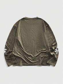 ROMWE MEN Street Life Men's Casual Versatile Crew Neck Long Sleeve T-Shirt With Dark Skull Print - Dark Green - View 2