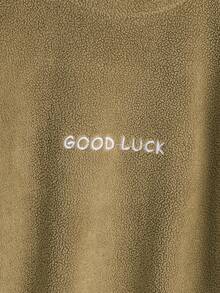 男童打底衫两件装，长袖打底衫，圆领套头衫，绣有“好运”字样，橄榄绿和黑色，保暖抓绒内里，适合秋冬季穿着，假日2026新年必备休闲简约运动风校服