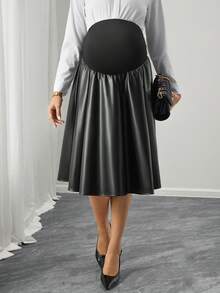 Momance Maternity PU Leather Pleated Patchwork Versatile Casual Skirt - Black - View 6
