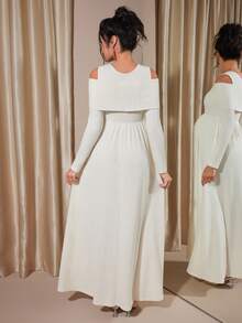 Momance Raglan Sleeve Button Front Rib-Knit A-Line Midi Dress, Spring/Autumn - Apricot - View 2