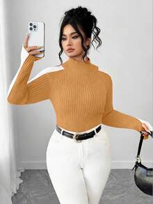 Elenzga Plus Size Slim Fit Color Block Turtleneck Long Sleeve Sweater - Camel - View 1