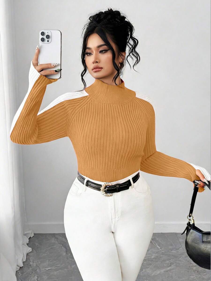 Elenzga Plus Size Slim Fit Color Block Turtleneck Long Sleeve Sweater - Camel - View 1