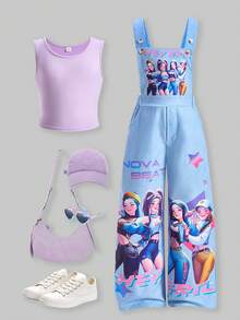 SHEIN ChillGRL 2pcs/Set Tween Girls Casual Basic Round Neck Tank Top Paired With Graphic Print Suspender Pants, Suitable For Daily, Commute, Leisure, Vacation, Hangout With Friends - Mauve Purple - View 1