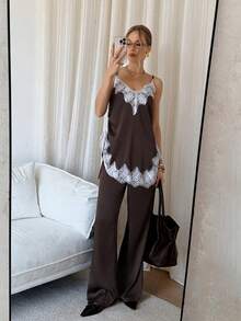 Siren Gaze 女士新款缎面蕾丝拼接吊带背心套装，秋冬款 - 棕色 - 查看 6