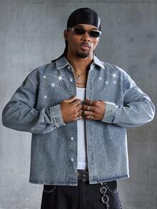 ROMWE MEN Street Life Men's Rhinestone Embellished Long Sleeve Denim Shirt - Blue - View 1