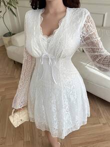 Feyla Đầm ngắn dự tiệc và ngày lễ tay dài phối ren chắp vá thanh lịch, thắt eo cho nữ - trắng - Xem 7