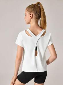 SHEIN Tween Girls' Casual Solid Color Hollow Back T-Shirt, Summer - White - View 4