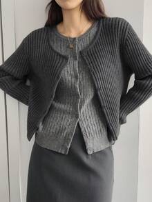 DAZY Women's Fitted Gray Long Sleeve Casual Knit Cardigan - Dark Grey - View 4