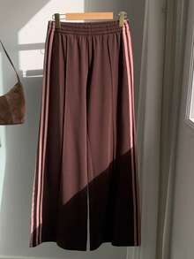 Comfortcana Kontrastrandiga mjukisbyxor med vida ben för kvinnor, avslappnade - Kaffebrun - Visa 3