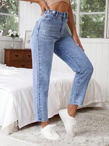 EURMUSE 100%Cotton Women Casual High Waist Mom Fit Jeans - Blue - View 4