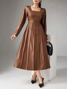 DAZY Vestido de mujer elegante de unicolor de piel de PU con cuello cuadrado plisado de longitud media, otoño/invierno - Caqui - Ver 7