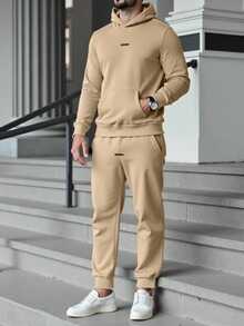 Manfinity Homme Bộ quần dài tay và áo hoodie trơn màu tối giản thường ngày dành cho nam - Màu Khaki - Xem 3
