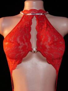 SHEIN Floral Lace Cut Out Halter Teddy Bodysuit Lingerie Bridal Lingerie For Rave - Red - View 4